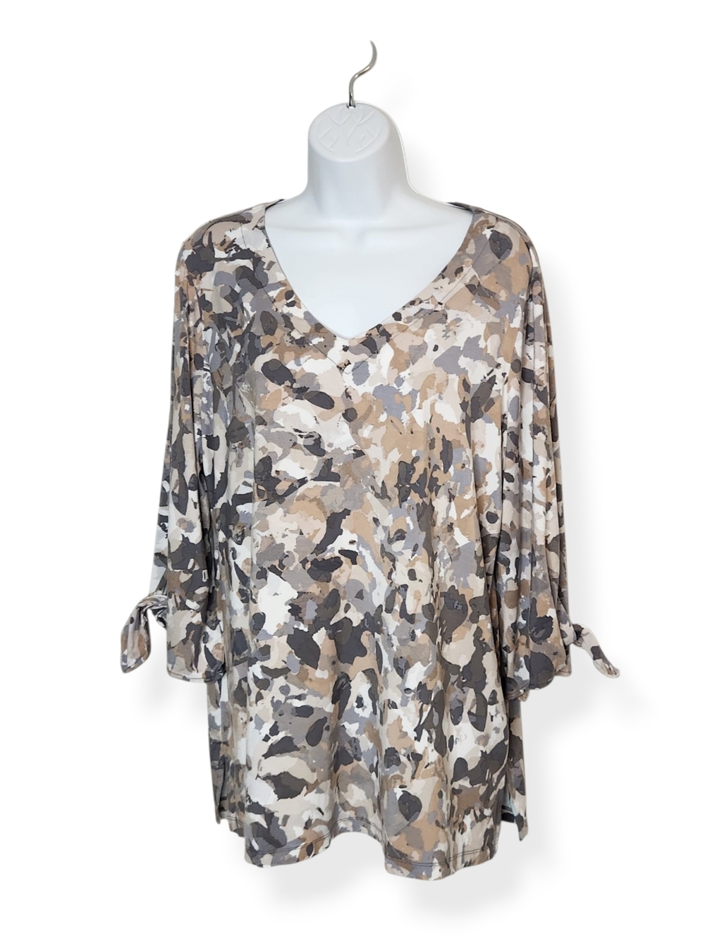 Susan Graver Weekend Printed Cool Touch 3/4 Sleeve Tan Top With Ties Size XL